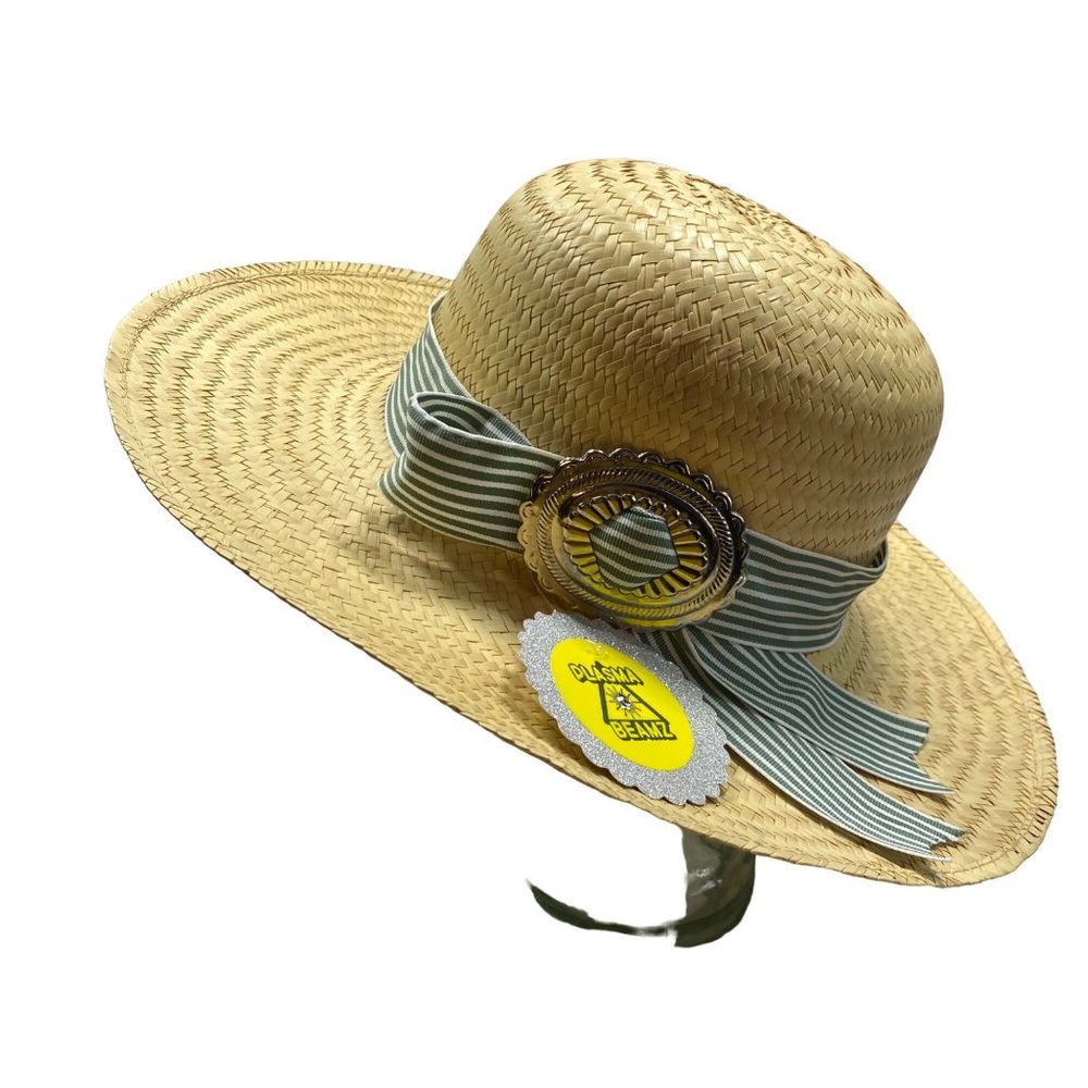 Handmade Straw Panama Hat with Green Stripe Grosgrain Ribbon Detail - Picture 9 of 11